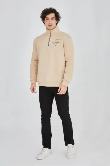 Erkek Yarım Fermuarlı Baskılı 3 iplik pamuklu sweatshirt - Bej Erkek Yarım Fermuarlı Baskılı 3 iplik pamuklu sweatshirt - Bej