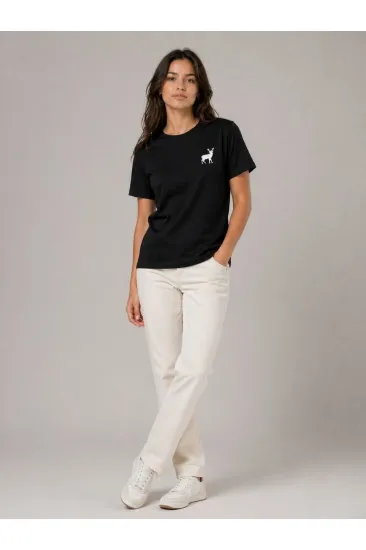 Kadın Minimal Geyik Logolu Tişört Bisiklet Yaka Kısa kol Yazlık T-Shirt - Siyah