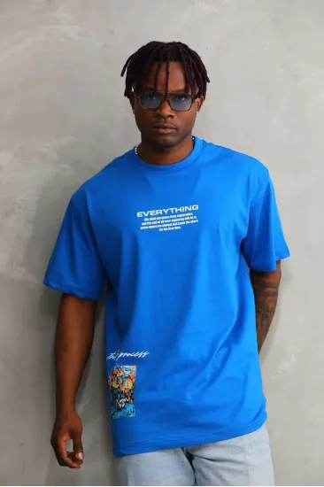 Erkek Bisiklet Yaka Baskılı Oversize T-Shirt - Mavi Erkek Bisiklet Yaka Baskılı Oversize T-Shirt - Mavi