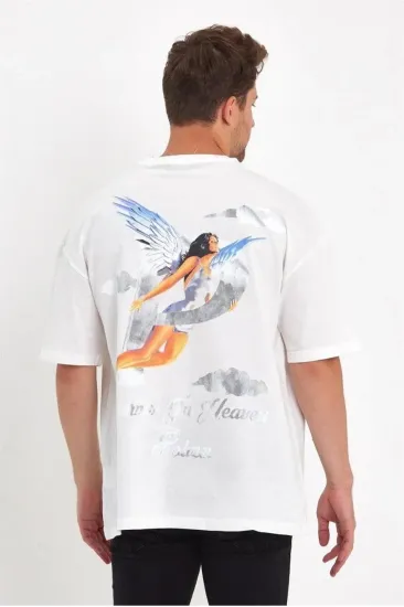 Erkek Kısa Kol Tişört Bisiklet Yaka MELEK Baskılı Oversize T-Shirt - Beyaz Erkek Kısa Kol Tişört Bisiklet Yaka MELEK Baskılı Oversize T-Shirt - Beyaz