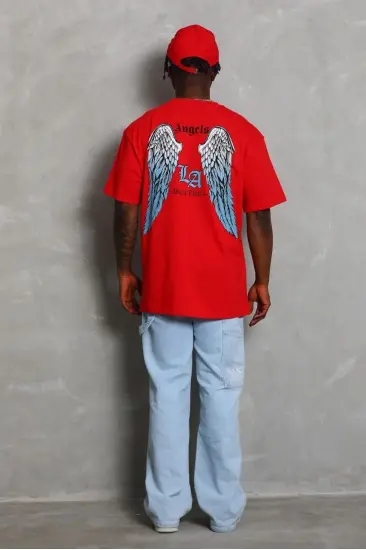 Erkek Baskılı Tişört Kısa Kol Bisiklet Yaka Oversize T-Shirt - Kırmızı