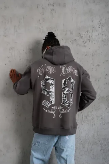 Erkek 3 İplik Pamuklu Kapüşonlu Baskılı Cepli Oversize Sweatshirt Hoodie - Gri Erkek 3 İplik Pamuklu Kapüşonlu Baskılı Cepli Oversize Sweatshirt Hoodie - Gri