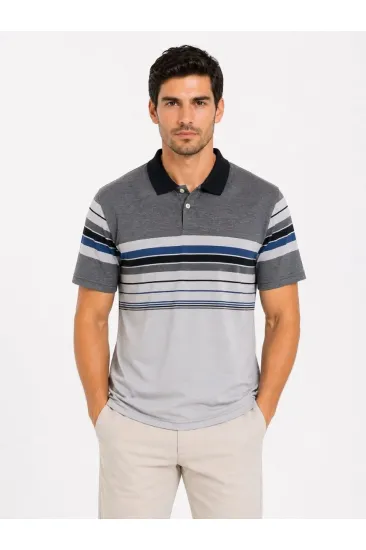 Erkek Flamlı Penye Çizgili Polo Yaka Tişört Kısa Kol Yazlık T-Shirt - Gri Erkek Flamlı Penye Çizgili Polo Yaka Tişört Kısa Kol Yazlık T-Shirt - Gri