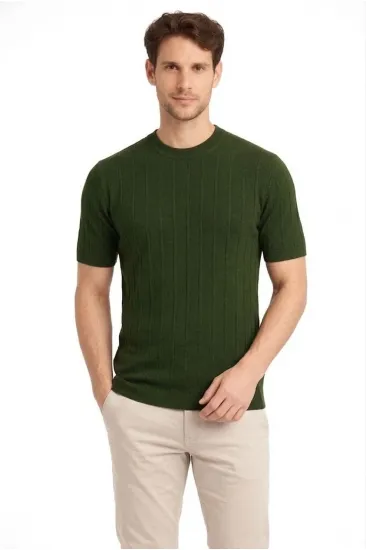 Erkek Yazlık Fitilli Triko Tişört Kısa Kol Bisiklet Yaka T-Shirt - Haki Erkek Yazlık Fitilli Triko Tişört Kısa Kol Bisiklet Yaka T-Shirt - Haki