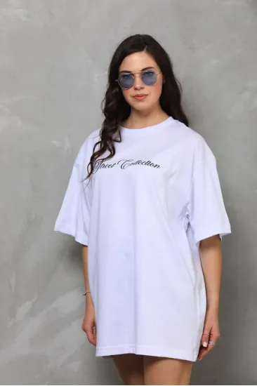 Kadın Baskılı T-Shirt Kısa Kol Bisiklet Yaka Oversize Rahat Kalıp Günlük Tişört - Beyaz Kadın Baskılı T-Shirt Kısa Kol Bisiklet Yaka Oversize Rahat Kalıp Günlük Tişört - Beyaz