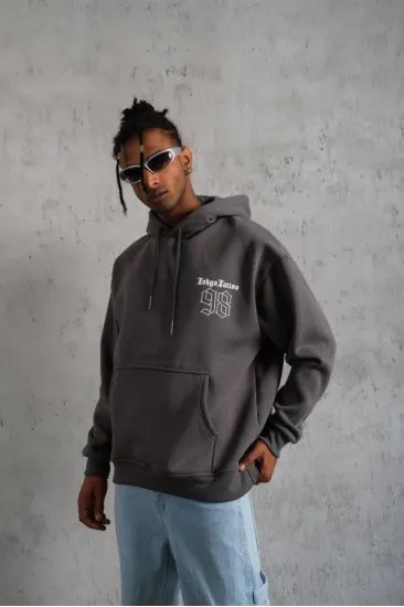 Erkek 3 İplik Pamuklu Kapüşonlu Baskılı Cepli Oversize Sweatshirt Hoodie - Gri Erkek 3 İplik Pamuklu Kapüşonlu Baskılı Cepli Oversize Sweatshirt Hoodie - Gri