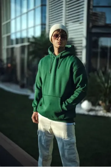 Erkek 3 İplik Pamuklu Kapüşonlu Basic SweatShirt Hoodie - Haki Erkek 3 İplik Pamuklu Kapüşonlu Basic SweatShirt Hoodie - Haki