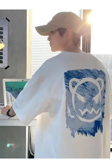 Erkek Tişört Bisiklet Yaka Kore sevimli ayı baskı Kısa Kol T-Shirt - Beyaz Erkek Tişört Bisiklet Yaka Kore sevimli ayı baskı Kısa Kol T-Shirt - Beyaz