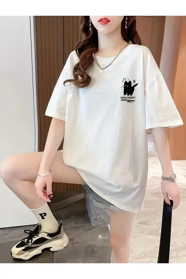 Kadın Tişört Penye Compack Tatlı Kedi Baskılı Bisiklet Yaka T-shirt - Beyaz Kadın Tişört Penye Compack Tatlı Kedi Baskılı Bisiklet Yaka T-shirt - Beyaz
