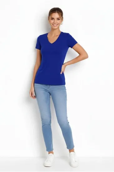 Kadın T-Shirt V Yaka Slim Fit Likralı Tişört Yazlık Basic Body - İndigo Kadın T-Shirt V Yaka Slim Fit Likralı Tişört Yazlık Basic Body - İndigo