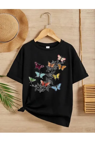 Kız Çocuk Bisiklet Yaka Baskılı T-Shirt - Siyah Kız Çocuk Bisiklet Yaka Baskılı T-Shirt - Siyah