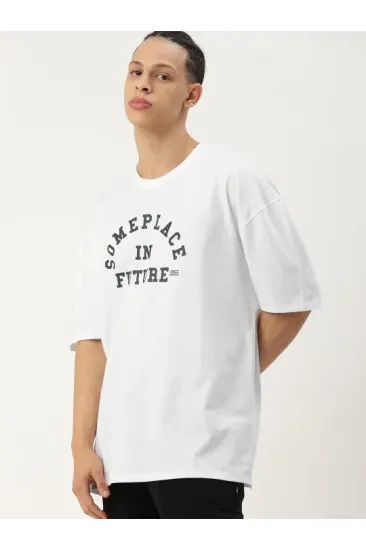 Erkek Kısa Kol Yazlık Tişört Bisiklet Yaka Baskılı Oversize T-Shirt - Beyaz