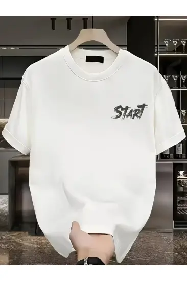 Erkek Kısa Kol Yazlık Tişört Bisiklet Yaka Baskılı Oversize T-Shirt - Beyaz