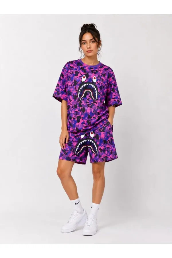 Kadın Oversize Kalıp Pubg Bape X Shark Nakışlı Cepli Şort Takım - Mor Kadın Oversize Kalıp Pubg Bape X Shark Nakışlı Cepli Şort Takım - Mor