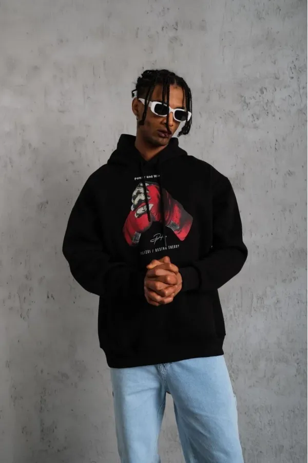 Erkek Kapüşonlu Cepli Box Eldiven Baskılı 3 İplik Sweatshirt Hoodie - Siyah