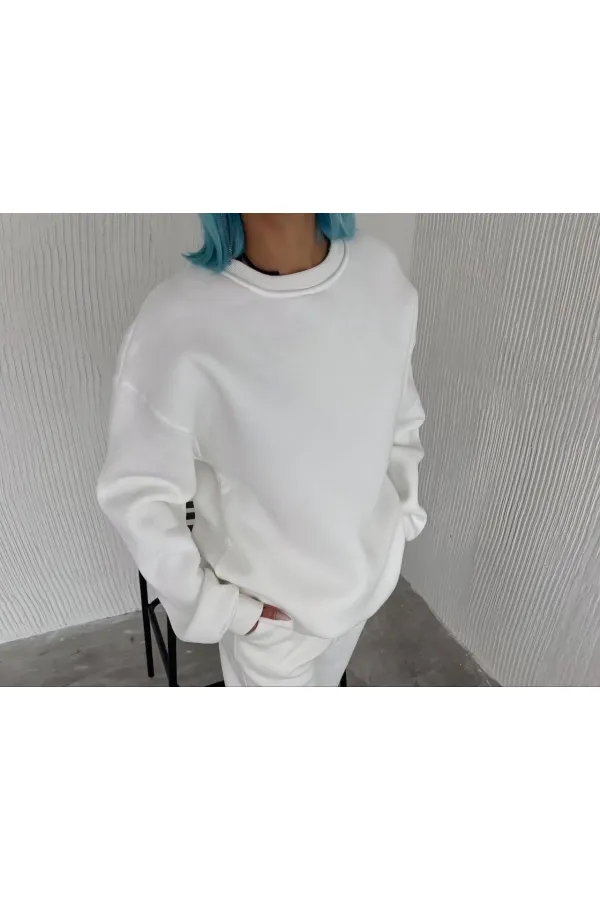 Kadın Bisiklet Yaka 3 İplik Pamuklu Basic SweatShirt - Beyaz Kadın Bisiklet Yaka 3 İplik Pamuklu Basic SweatShirt - Beyaz