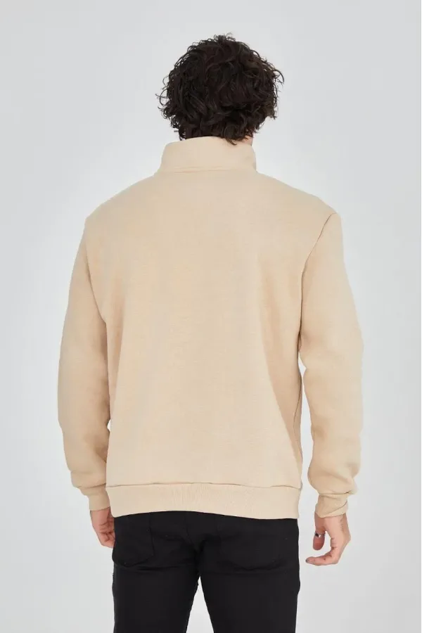 Erkek Yarım Fermuarlı Baskılı 3 iplik pamuklu sweatshirt - Bej Erkek Yarım Fermuarlı Baskılı 3 iplik pamuklu sweatshirt - Bej