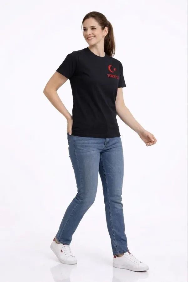 Kadın TÜRKİYE Ay Yıldız Baskılı Taraftar Forma T-Shirt - Siyah Kadın TÜRKİYE Ay Yıldız Baskılı Taraftar Forma T-Shirt - Siyah