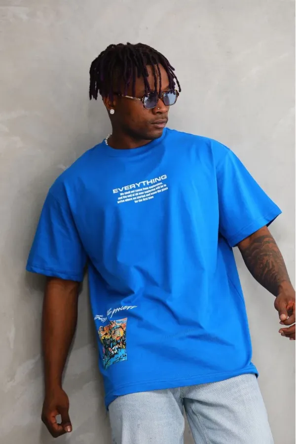 Erkek Bisiklet Yaka Baskılı Oversize T-Shirt - Mavi Erkek Bisiklet Yaka Baskılı Oversize T-Shirt - Mavi