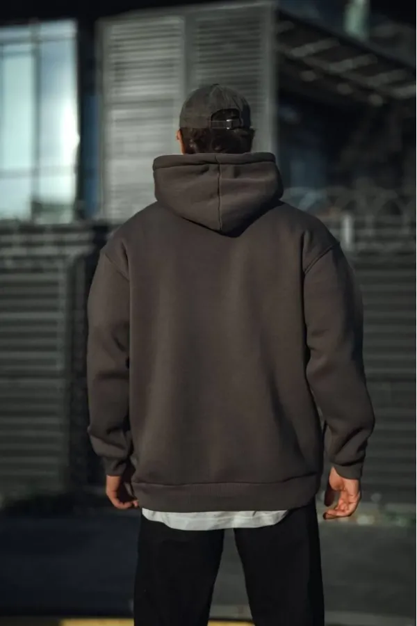 Erkek 3 İplik Pamuklu Kapüşonlu Basic SweatShirt Hoodie - Füme Erkek 3 İplik Pamuklu Kapüşonlu Basic SweatShirt Hoodie - Füme