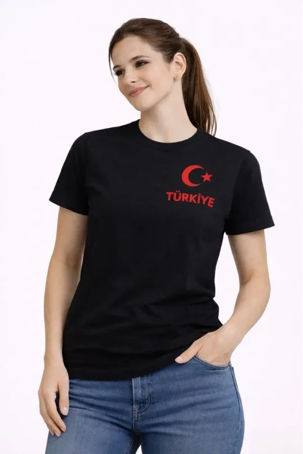 Kadın TÜRKİYE Ay Yıldız Baskılı Taraftar Forma T-Shirt - Siyah Kadın TÜRKİYE Ay Yıldız Baskılı Taraftar Forma T-Shirt - Siyah