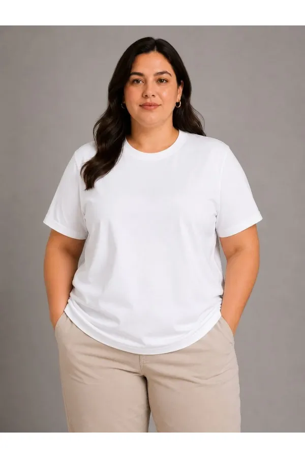 Kadın Battal Big Size Basic Tişört Bisiklet Yaka Rahat Kalıp T-Shirt - Beyaz Kadın Battal Big Size Basic Tişört Bisiklet Yaka Rahat Kalıp T-Shirt - Beyaz