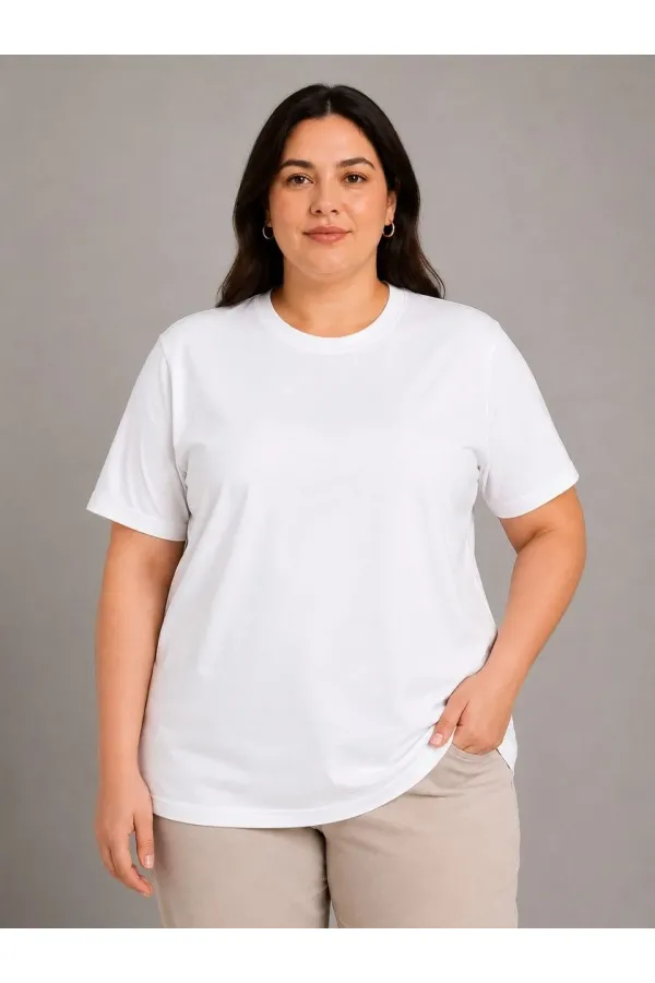 Kadın Battal Big Size Basic Tişört Bisiklet Yaka Rahat Kalıp T-Shirt - Beyaz Kadın Battal Big Size Basic Tişört Bisiklet Yaka Rahat Kalıp T-Shirt - Beyaz