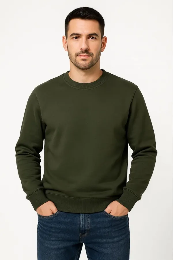 Erkek 3 İplik Pamuklu Düz Bisiklet Yaka SweatShirt - Haki Erkek 3 İplik Pamuklu Düz Bisiklet Yaka SweatShirt - Haki