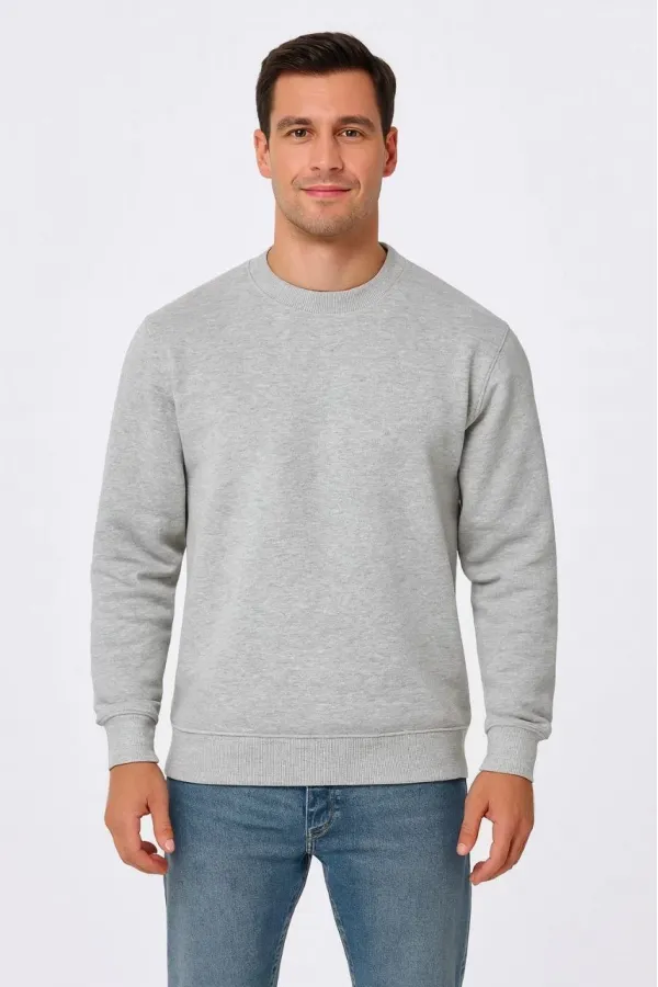 Erkek 3 İplik Pamuklu Düz Bisiklet Yaka SweatShirt - Gri