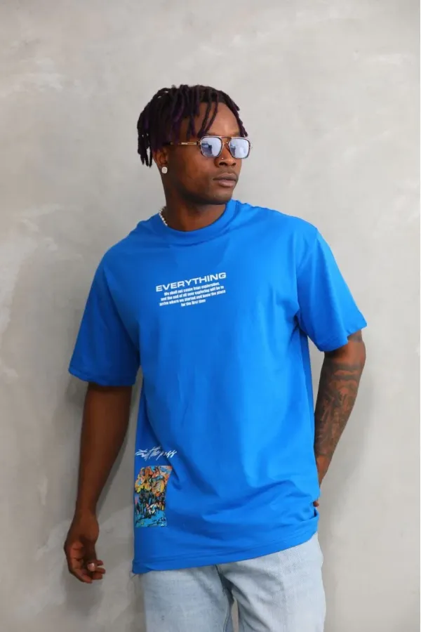 Erkek Bisiklet Yaka Baskılı Oversize T-Shirt - Mavi Erkek Bisiklet Yaka Baskılı Oversize T-Shirt - Mavi