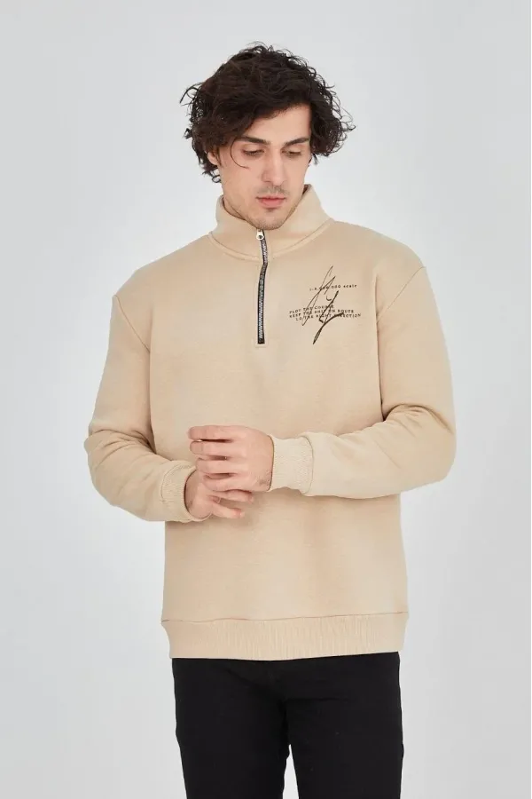 Erkek Yarım Fermuarlı Baskılı 3 iplik pamuklu sweatshirt - Bej Erkek Yarım Fermuarlı Baskılı 3 iplik pamuklu sweatshirt - Bej