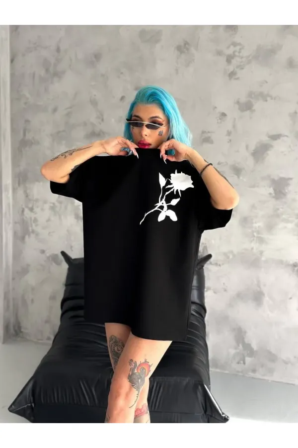 kadın Bisiklet Yaka Baskılı Oversize Kısa kol T-Shirt - Siyah kadın Bisiklet Yaka Baskılı Oversize Kısa kol T-Shirt - Siyah