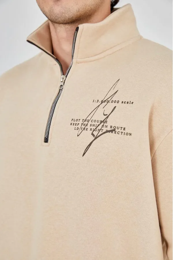 Erkek Yarım Fermuarlı Baskılı 3 iplik pamuklu sweatshirt - Bej Erkek Yarım Fermuarlı Baskılı 3 iplik pamuklu sweatshirt - Bej