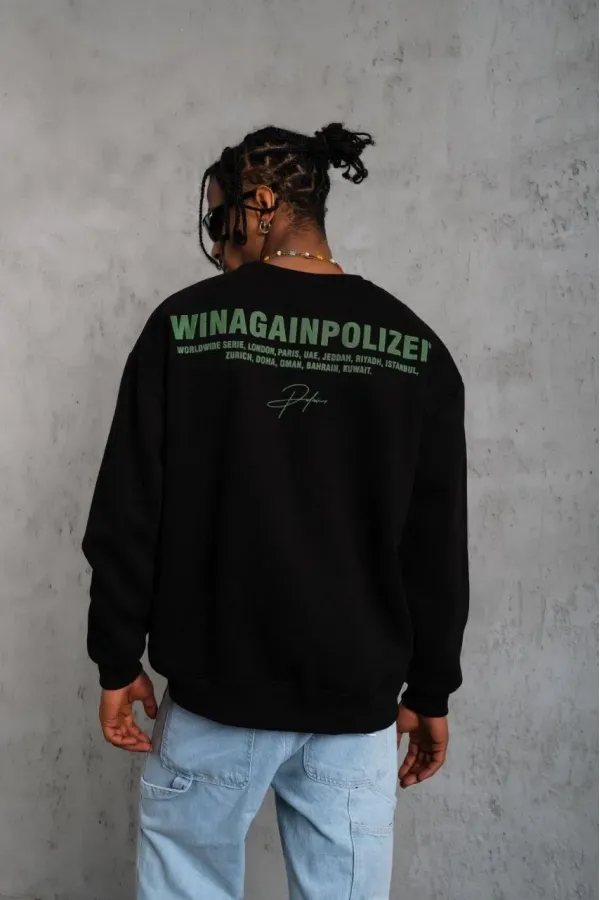 Erkek Oversize Sweatshirt Ön ve Sırt Baskılı 3 İplik Pamuklu - Siyah Erkek Oversize Sweatshirt Ön ve Sırt Baskılı 3 İplik Pamuklu - Siyah