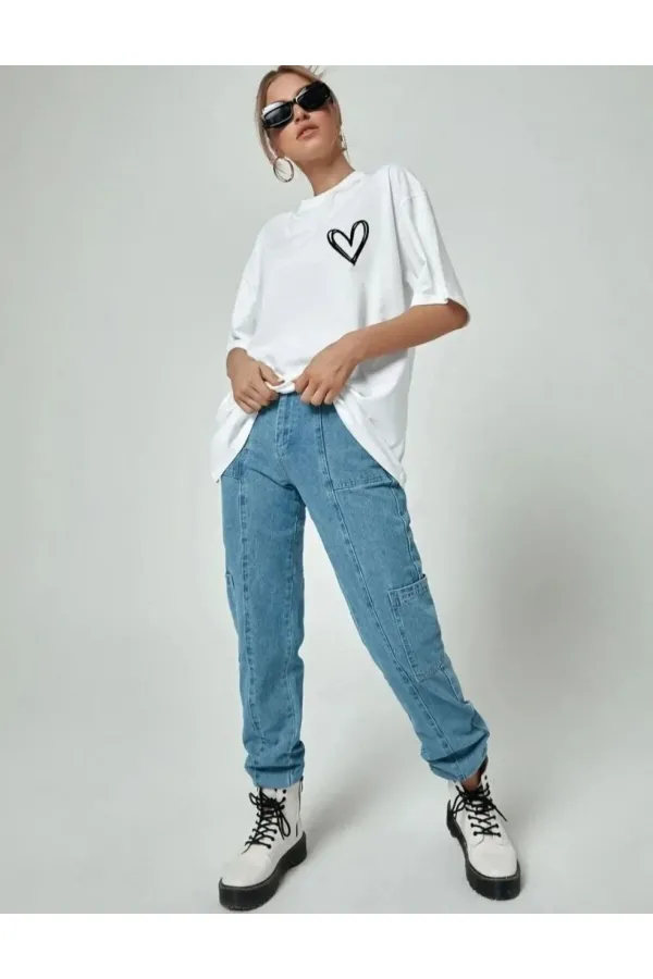 Kadın Tişört Bisiklet Yaka Baskılı Oversize T-Shirt - Beyaz