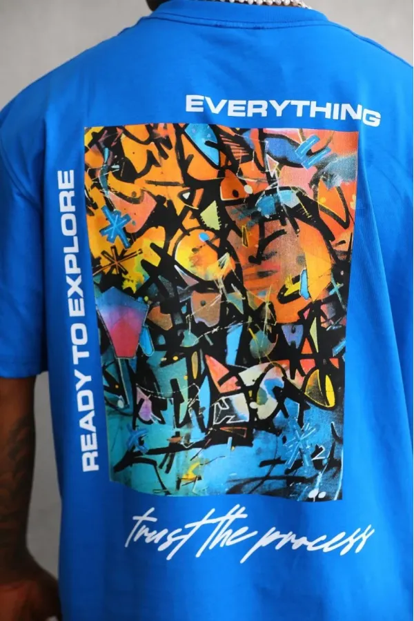 Erkek Bisiklet Yaka Baskılı Oversize T-Shirt - Mavi Erkek Bisiklet Yaka Baskılı Oversize T-Shirt - Mavi