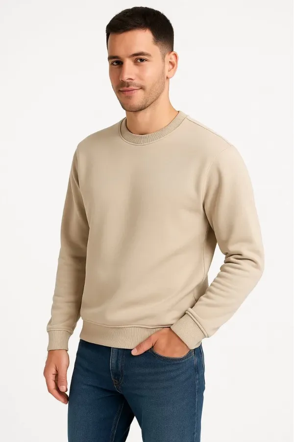 Erkek 3 İplik Pamuklu Düz Bisiklet Yaka SweatShirt - Bej Erkek 3 İplik Pamuklu Düz Bisiklet Yaka SweatShirt - Bej