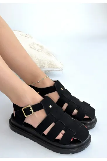 Tenra Siyah Süet Kemerli Sandalet Tenra Siyah Süet Kemerli Sandalet