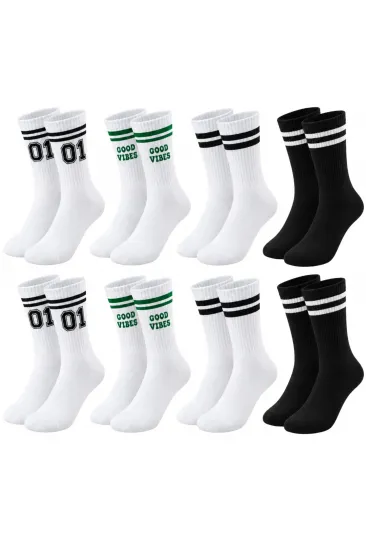 Unisex Çorap Çizgili 8'li Set 07 Good Vibes Baskılı Siyah Beyaz Uzun Soket Spor Kolej Stil Çorap Unisex Çorap Çizgili 8'li Set 07 Good Vibes Baskılı Siyah Beyaz Uzun Soket Spor Kolej Stil Çorap