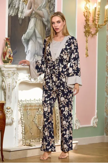 Aqua 25197 Saten Desenli Sabahlıklı 3'lü Pijama Takımı Aqua 25197 Saten Desenli Sabahlıklı 3'lü Pijama Takımı