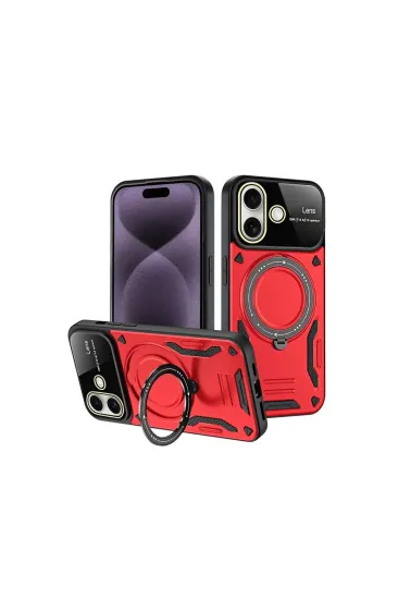 Apple İphone 16 Kılıf Joy Lens Standlı Kapak - Kırmızı Apple İphone 16 Kılıf Joy Lens Standlı Kapak - Kırmızı