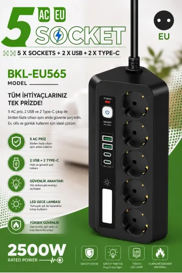 5’li Akım Korumalı Priz 2500w | 2 Usb + 2 Type-c Hızlı Şarj | Led Gece Lambalı | Dokunmatik Siyah 5’li Akım Korumalı Priz 2500w | 2 Usb + 2 Type-c Hızlı Şarj | Led Gece Lambalı | Dokunmatik Siyah