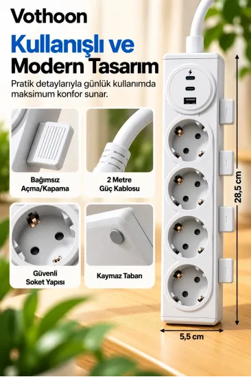 Vothoon 4’lü Akıllı Priz Tek Dokunuşla Fiş Çıkarma 2 Metre Kablo 2 Type-c + Usb 15w Hızlı Şarj 3680w Krem Vothoon 4’lü Akıllı Priz Tek Dokunuşla Fiş Çıkarma 2 Metre Kablo 2 Type-c + Usb 15w Hızlı Şarj 3680w Krem