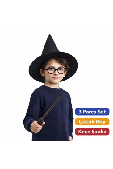 Harry Potter Tarzı Çocuk Seti (siyah Keçe Şapka, Asa, Gözlük) Harry Potter Tarzı Çocuk Seti (siyah Keçe Şapka, Asa, Gözlük)