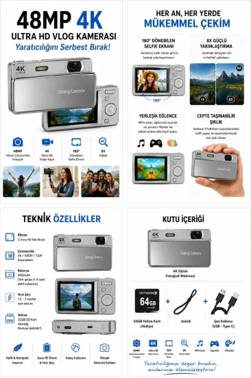 Dijital Kamera 4k Hd 48mp 8x Zoom Flaşlı Kayar Retro Video Kamera 2.4’’ Ekran 64gb Sd Kart Hediyeli Gümüş Dijital Kamera 4k Hd 48mp 8x Zoom Flaşlı Kayar Retro Video Kamera 2.4’’ Ekran 64gb Sd Kart Hediyeli Gümüş