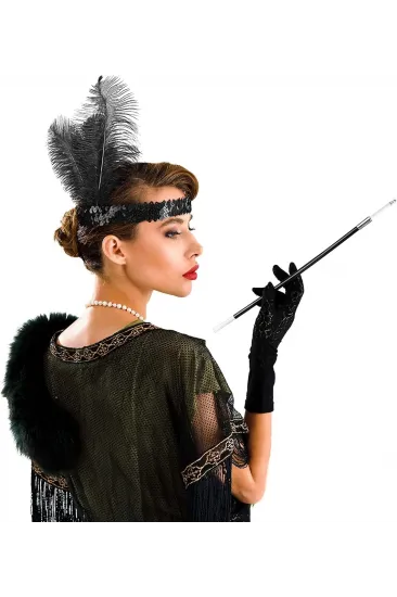 1920'ler Gatsby Aksesuar Seti – Siyah Charleston Saç Bandı & Sigaralık