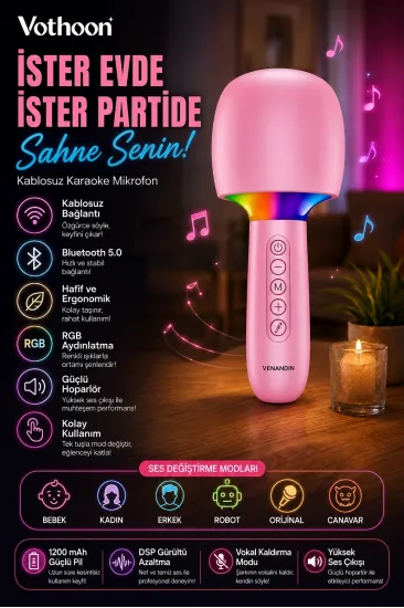 Çocuk Ve Yetişkin Karaoke Mikrofonu Kablosuz Rgb Ambiyans Işığı Ses Değiştirme Modlu Hoparlör Çocuk Ve Yetişkin Karaoke Mikrofonu Kablosuz Rgb Ambiyans Işığı Ses Değiştirme Modlu Hoparlör