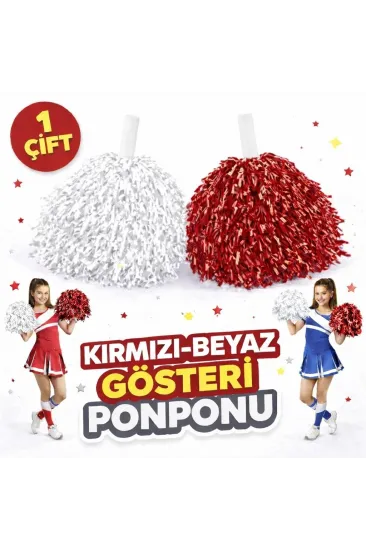 1 Çift ( 2 Adet ) Kırmızı-beyaz Renk 23 Nisan 19 Mayıs 29 Ekim Okul Gösteri Ponponları Ekstra Dolgun