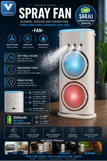 Vothoon Çift Başlıklı Sprey Fan Nemlendirici Ve Renkli Led Işıklı Beyaz Vothoon Çift Başlıklı Sprey Fan Nemlendirici Ve Renkli Led Işıklı Beyaz