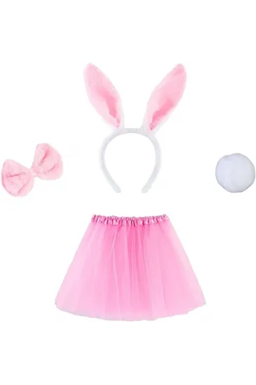 Tavşan Tacı Eteği Papyonu Ve Kuyruk Kostüm Seti Pembe Renk Çocuk Boy Tavşan Tacı Eteği Papyonu Ve Kuyruk Kostüm Seti Pembe Renk Çocuk Boy